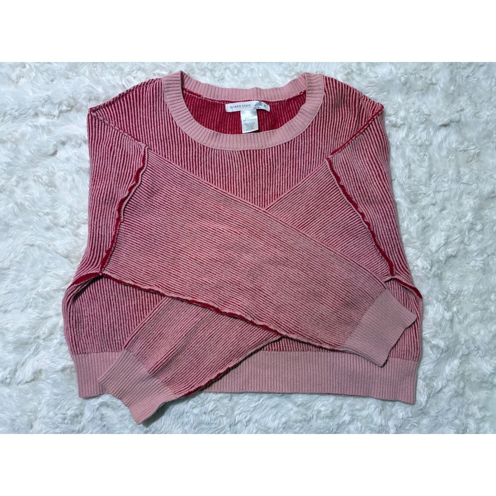 Altar'd State Womens Pink Red Striped Cropped Knit Sweater Exposed Seam Medium